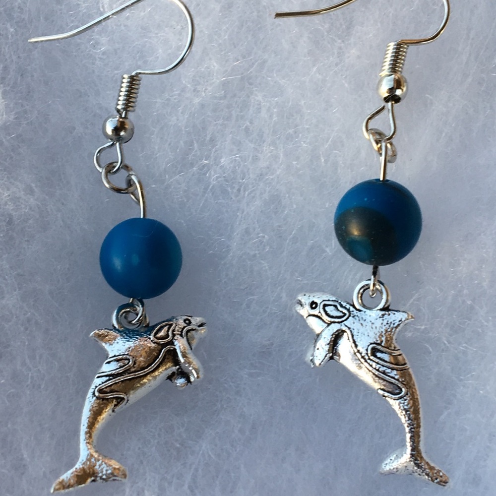 Blue Stripe Agate Whale Earrings - Picture 3 of 8